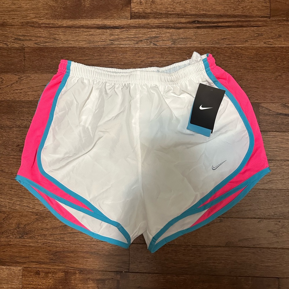 Nike Women's White and Pink Athletic Shorts with Blue Trim